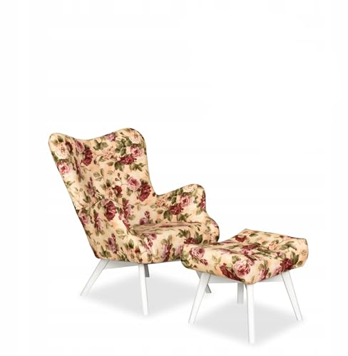 Family Meble Ohrensessel mit Hocker, Modell Luna Print, Skandinavisch, Relaxsessel aus Webstoff, Loungesessel, Ohrensessel mit Hocker, Bequemer Sessel, Für Wohnzimmer, Esszimmer, Schlafzimmer, Rose 1