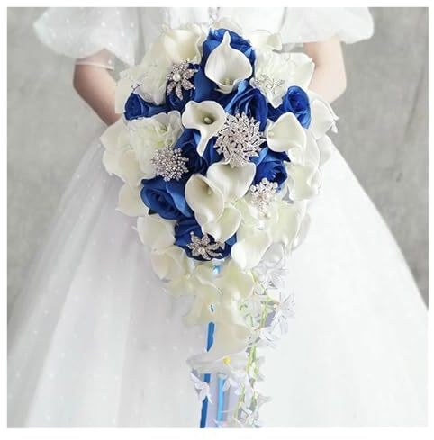 LJQZFWXX Hochzeitsstrauß, Brautstrauß, 25,9 cm künstlicher weißer Calla-Lilien-Brautstrauß mit Kristallornamenten, kaskadenförmiger Strauß für kirchliche Hochzeiten (rot) (blau)