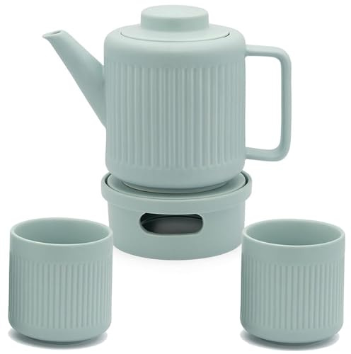 Bredemeijer Teekanne Set 1.2 Liter blaues Porzellan mit Edelstahl Tee-Filter Sieb-Einsatz für losen Tee & Teebecher 2 Stück & Stövchen für 1 Teelicht - ideal für duftende & blumige Teesorten