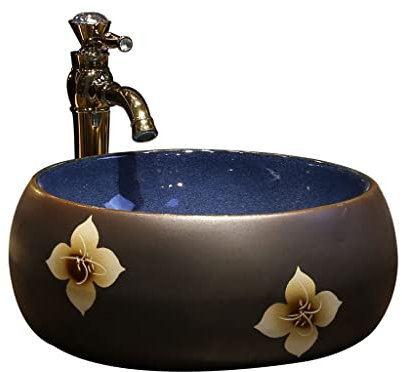 NSTVVEE Vasque à Poser Vasque à Poser pour Salle de Bain Vasque à Poser en céramique à Motif Floral Vasque à Poser sur Plan de Travail avec Robinet Vasque à Poser