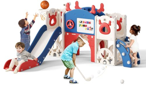 Krovtoy Kleinkinderrutsche, Kinderrutsche mit Basketballkorb, Aufbewahrungsbox und Kleinkinderklettergerüst, freistehende Rutsche für drinnen und draußen (Blau-Rot-7-in-1)