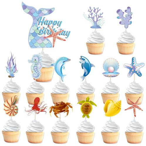 VARACL 29 decorazioni per cupcake a forma di oceano, animali dell'oceano, delfini, conchiglie, polpi, stuzzicadenti, per bambini, baby shower, feste di compleanno