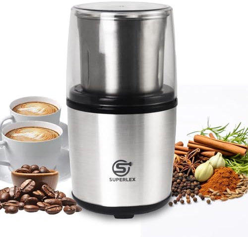 SUPERLEX Kaffeemühle Elektrisch Getreidemühle Gewürzmühle Edelstahl mit 100g Füllmenge für Kaffeebohnen Körner Zimt Gewürz, 200W