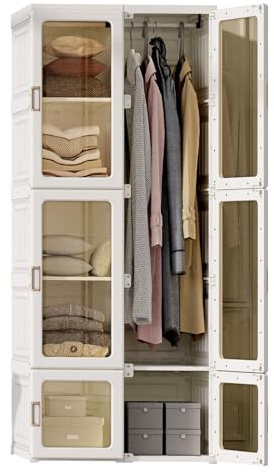 Fofetbfo Schlafzimmerschrank, faltbar, mit 6 Einlegeböden und 1 Stangen zum Aufhängen, für Garderobe, Schlafzimmer, Ankleidezimmer (transparent, 170 x 69 x 50 cm)