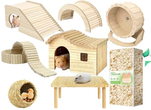 Natürlicher Kiefernhammerkäfig Landschaftsgestaltungsset, Massivholzlaufräder, Holzbrücke und Massivholzzaun 8pcs (Hamsterkäfig Landschaftsset)