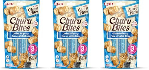 INABA Churu Bites Reich an Hähnchen und Thunfisch Katzenleckerlis | Getreidefrei, Zuckerfrei, ohne künstliche Aromen Katzensnacks | Perfekt, um Medizin zu verstecken 30 g (3er Pack)