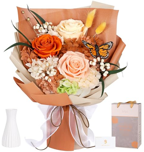 MAMAMIKO Ramo de Rosas Eternas Naranja con Mariposa y Jarrón, Regalo Mujer