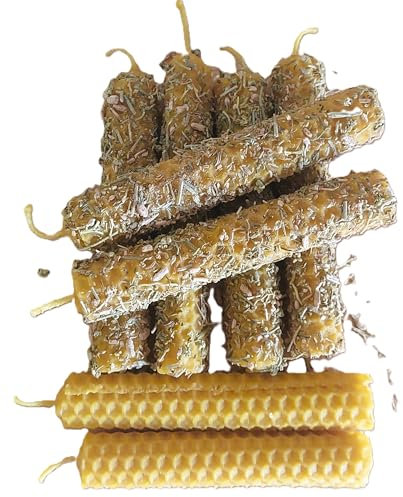 YA-DECOREGALOS 8 VELAS DE CERA DE ABEJA CON RUDA Y PALO SANTO + (2 UNIDADES) VELAS DE CERA DE ABEJA PURA NACIONAL 10 * 2.5CM, HECHAS A MANO SIN PARAFINA MECHA DE ALGODON