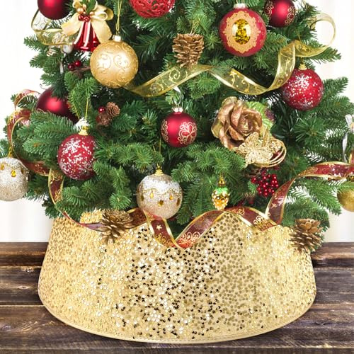 LIHAO Cache Pied Sapin de Noel à Paillettes, Jupe de Sapin pour Décoration Noel, 20x40x60CM, Doré
