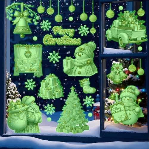 ANHUIB Weiße Weihnachten Fenster Aufkleber Weihnachten Leuchtend Wandaufkleber Weihnachtsbaum Schneemann Leuchtsticker für Schlafzimmer Babyzimmer Geschenk Deko Golden Merry Christmas Wandaufkleber