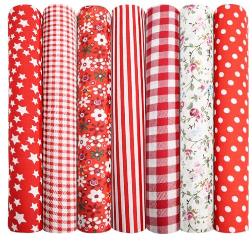 Aucuu 7 Piezas 50x50cm Diseño de Retales Algodón Telas, Tela Algodon, Telas Patchwork, Diseños Tela de Algodón Impresos, para DIY Manualidades Decoración de Costura Artesanal-Rojo