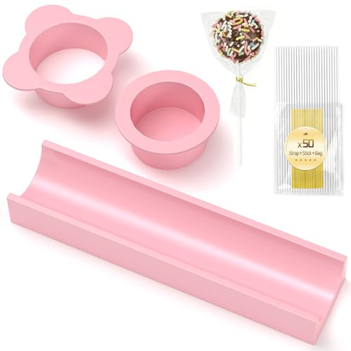 MOOROL Round Cake Pop Mold Set with 50PCS Sticks Bags Ties,1.75 Inch Cake Pop Cutter and Pusher,Dishwasher Safe Baking Molds for Birthday Wedding Kids Party Desserts-Pink