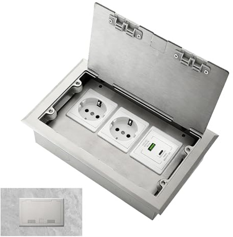 Bodeneinbausteckdose, 4000W/16A Flache Versteckte Steckdose mit 2 EU Steckdosen und USB + Type C Anschlüssen,Wasserdichte Edelstahl Bodensteckdose AC250V für Zuhause, Hotel, Schule