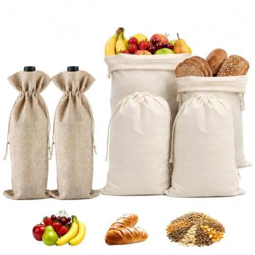 Squamify 4 Piezas Bolsa De Pan Tela, 2 Piezas Bolsas De Vino, 30×40 Cm Bolsa De Pan Con Cordón, Bolsa De Lino Reutilizable, Bolsas De Pan Lino Para Pan Casero, Baguettes, Verduras