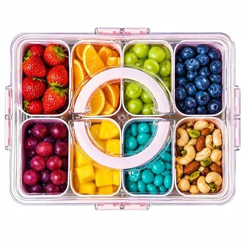Pink Snackle Box with Lid and Handle, Multi-Compartment Divided Serving Tray Snack Box, Portable Airtight Food Storage Container for Plane, Travel & Picnics, Party Organiser for Fruit, Sweets (Pink)