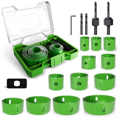METOTY Lot de 18 scies cloches bimétalliques (19-79 mm) - Pour bois, plaque de plâtre et plastique - Dents ultra tranchantes - Changement rapide - Avec mandrin et clé hexagonale