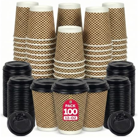 CR Snacking 12oz Disposable Coffee Cups with Lids, Brown Ripple, 100 Sets | 100 brown ripple paper cups with 100 matching lids; 12oz/340ml insulated hot drink cups for cafés, catering and takeaway