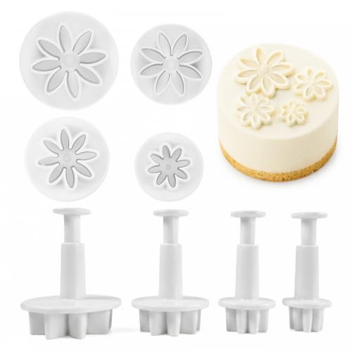 Merzio 4PCS Daisy Fondant Cutter Set, 8Petals Flower Cookie Cutters for Cake Decorating, Cute Plunger Mold Tools for Biscuits Sugar Cubes Chocolate and Icing and DIY Baking Accessories