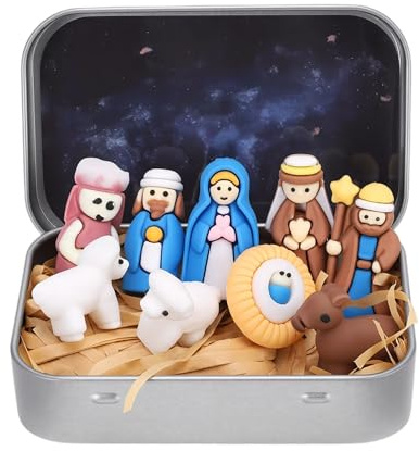 Buachois Mini Christmas Nativity Set in a Tin Box Handcrafted with Tiny PVC Figures Portable Pocket Size Holy Family Scene for Home Office Decor or Travel