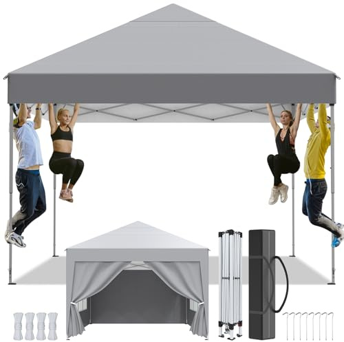 Pavillon 3x3m,Faltpavillon Wasserdicht，Winterfest，UV Schutz 50+,Stabil，Höhenverstellbar,Gartenpavillon mit 4 Seitenwänden,Tragtasche,Faltbar Partyzelt Gartenzelt für Outdoor Garten Party,Grau