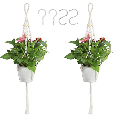 Makramee Blumenampel 2 Stück,Hängepflanze Baumwollseil Hängeampel Blumentopf Pflanzen Halter mit 4 Haken,Für Innen Außen Wanddekoration