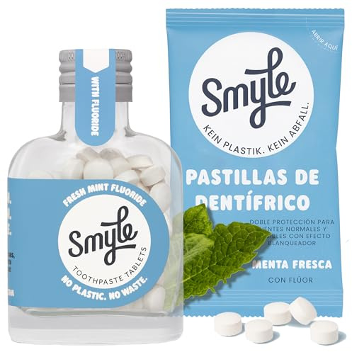 Smyle Zahnputztabletten mit Fluorid | 100% plastikfrei | vegan | ideal für unterwegs | Starter-Kit mit 125 Zahnpastatabletten | 2 Monate Vorrat