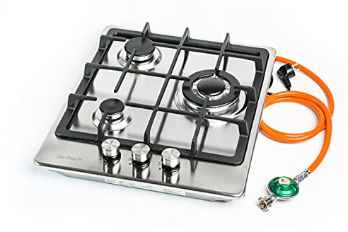 Gaskochfeld 3 flammig Edelstahl/Gaskocher Einbauherd f. Propangas + Gusstopfträger - massive Brennerdeckel (Kocher Gasherd, Campingkocher, Camping Kocher 50 mbar)