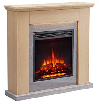 BALDERIA Pandora Elektrokamin - Elektrischer Standkamin mit Heizung 1000/2000 W, realistischer 3D-Flammeneffekt, LED-Beleuchtung, Fernbedienung programmierbar, Timer, Thermostat - Hellbraun