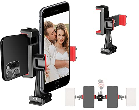Manbily Supporto Doppio per Treppiede per Smartphone Treppiede Clip Supporto per Doppio del Telefono Cellulare per Video Vlgo Iphone selfie stick, 360° Rotabile con 4 Scarpe Fredde, Vite da 1/4
