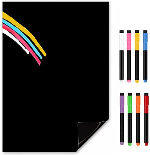 TMS Tafel-Magnet für Kühlschrank | A4 Magnetische Kreidetafel-Blatt mit trocken abwischbaren Farbkreidestiften | Schwarze Memo-Tafel für Essensplanung und Notizen [30 x 21 cm]