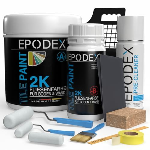 EPODEX 2K Fliesenfarbe Badezimmer & Küche mit Zubehör - Nordic Pastell | Hochwertige Farbe für Wand- und Bodenfliesen, wasserfester & abriebfester Fliesenlack, 1,8kg - 7m² für 2 Anstriche