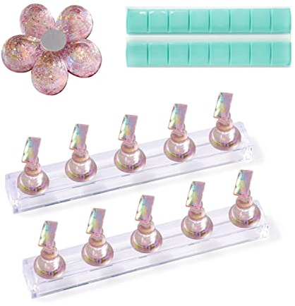 NINVVS 10 pieces of pink magnetic nail art stand, nail painting stand, nail art display stand, fake nail practice tool, with 3 bases, 16 pieces of adhesive, 1.0 count