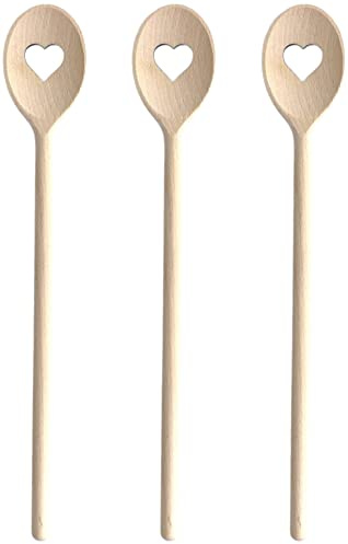 Balna 3 Stück Kochlöffel Herz Holzkochlöffel Set 30 cm, Holz Geschenk für Hochzeit Geburtstag, Löffel Herzform Küchenhelfer gelasert Buchenholz Hartholz für Pfannen, Töpfe und Basteln