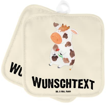 Mr. & Mrs. Panda Personalisierte Topflappen Kuh - Geschenke, selbst gestalten, Bauernhof, Landwirtin, Spruch, mit Namen, Motivtion, Personalisiert, Bedrucken, Hof, Kühe, Topfhandschuhe