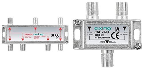 Axing SVE 60-01 6-Fach SAT-Verteiler Splitter mit DC-Durchgang & SWE 20-01 Satelliten-Einspeiseweiche zum Zusammenschalten von terrestrisch und Single LNB auf einen Ausgang, 1 x Sat/Single-LNB