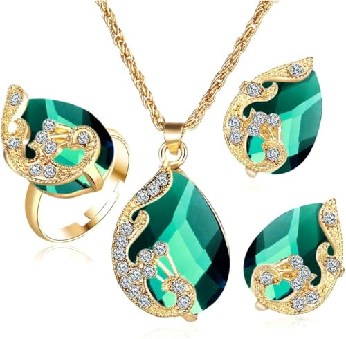 TOEECY Schmuckset für Damen und Mädchen Kristalle Pfau Anhänger Halskette Ohrringe Ringe Set Schmuck Set Zirkonia Geschenk Brautschmuck(Grün)