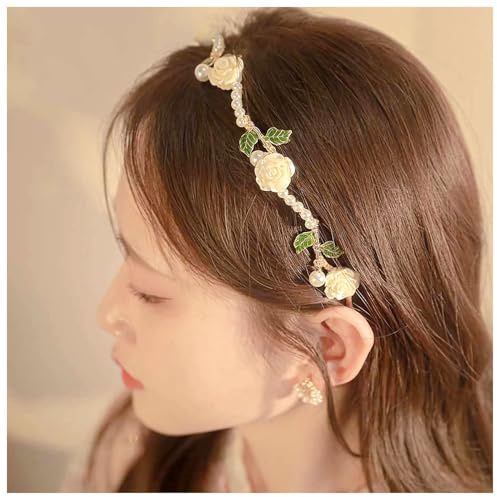Haarreif mit Perlen, Rose, Blume, 1920er-Jahre, französischer Vintage-Stil, Kamelie, Haarreif, 1920er-Jahre, Blatt-Haarband, Kopfschmuck, Zubehör für Damen und Mädchen (weiß)