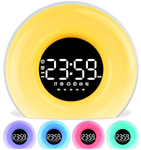 OrangeLight Sveglia sveglia con simulazione dell'alba, 25 suoni naturali del sonno, 12 colori, luce notturna, doppia sveglia, funzione snooze, aiuto per il sonno