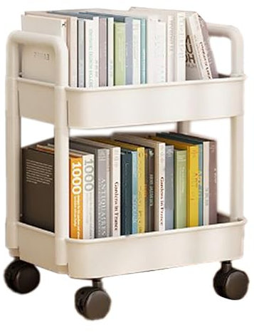 2-Tier Utility Rolling Cart Table Sofa Side Storage Trolley with Wheels, Under Desk Small Mobile Bookshelf for Office Home Kitchen Organization