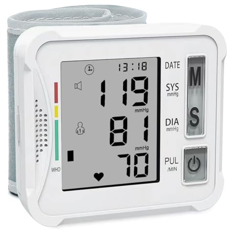 Tensiometro de Muñeca, Tensiometro de Muñeca Digital para 2 Usuarios con 2x99 Memoria, Pantalla LCD con Presión Arterial y Frecuencia Cardíaca, para Muñecas de 13.5cm–19.5cm