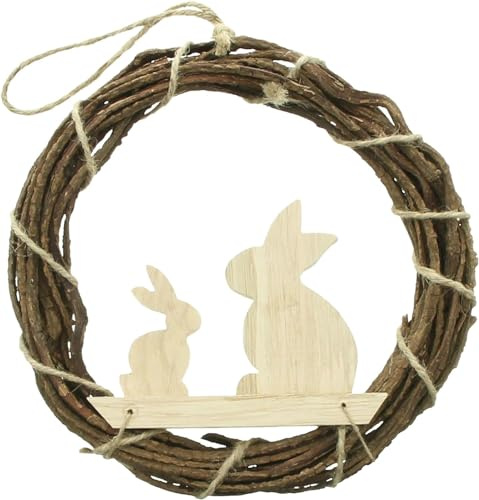khevga Handgefertigter Oster-Türkranz aus Rebenholz (25 cm) mit 2 Hasen aus Paulownia-Holz – Frühlingsdeko & Haustürdekoration – Rustikale Osterdeko mit Hanfschnur zum Aufhängen – Natürlicher Look