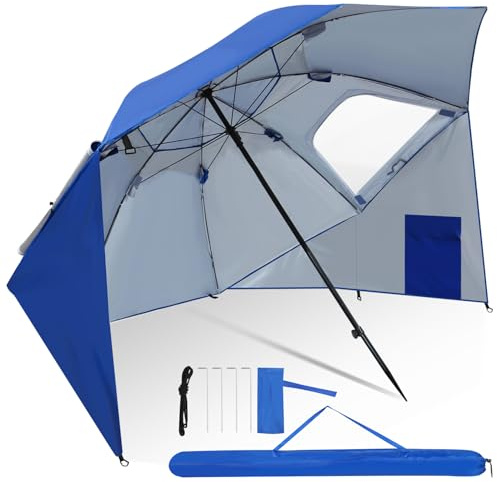 Eulenke Sonnenschirm Strand mit Fenster und Windschutz, Balkonschirm 210g/㎡ Polyester Sonnenschutz UV50+, Blau Kurbelsonnenschirm Ø 210cm Höhe 200cm Mit Tragetasche, Wasserabweisende Gartenschirm