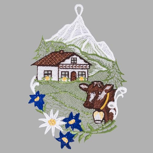 Raebel OHG Fensterbild Fensterdeko Fensteranhänger aus Spitze Plauener Stickerei Frühjahr Sommer verschiedene Motive mit Saugnapf (Alpenglühen)