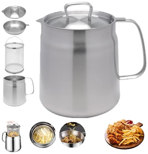 enseak 2-in-1 Oil Strainer Pot,Stainless Steel Oil Filter Pot,304 Stainless Steel Large Capacity Versatile Oil Filter Pot,304 Stainless Steel,Multi-Functional Oil Filter Tank with Fried Basket
