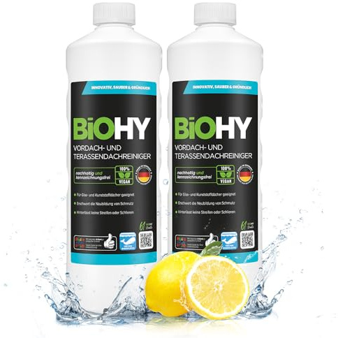 BiOHY Vordach- und Terrassenreiniger (2 x 1 liter) | Bio Konzentrat für Glasdächer, Kunststoffdächer, Wintergärten | Nachhaltige Reinigung & Pflege | Hohe Wirksamkeit und strahlender Glanz