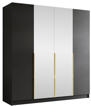 Mirjan24 Kleiderschrank mit Spiegel, Einlegeböden und Kleiderstange Salkor II, Vielseitiger Drehtürenschrank, Elegantes Kleiderschrank 4-türig (Schwarz/Schwarz + Gold)