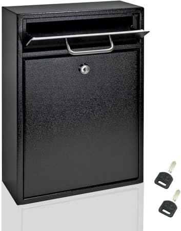 Briefkasten Schwarz, Wandbriefkasten mit Schlüssel, Metallbriefkasten aus Verzinktem Stahl, Durchwurfbriefkasten for Die Außenwandmontage, 11,2 * 4,7 * 15,7 Zoll
