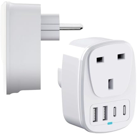 UK to Europe 5-in-1 Travel Adapter with USB & USB-C Ports for Germany, France, Turkey, Spain, Greece, Poland, Egypt, Portugal, Croatia, Iceland