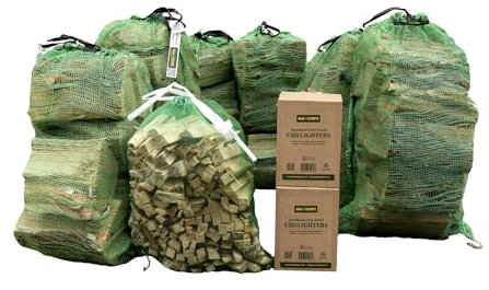 6 Nets of Maxchips Softwood logs, 1 Net of Maxchips Kindling and 2 Boxes of Firelighters. Delivery Included.