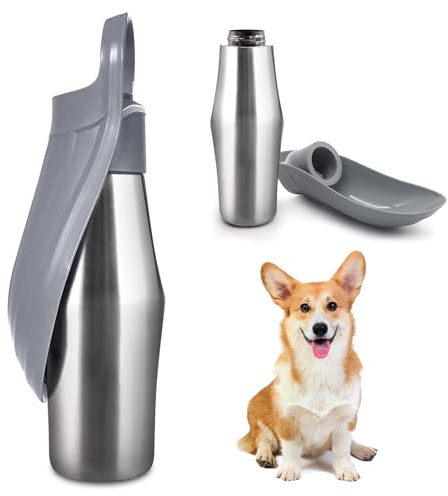 Hundetrinkflasche Für Hund, 750ml Edelstahl Trinkflasche Hunde, 180°Faltbar Hundetrinkflasche, Tragbare Wasserflasche für Hunde, Edelstahl Hundetrinkflasches Für Spazieren, Camping, Parks (Grau, A)